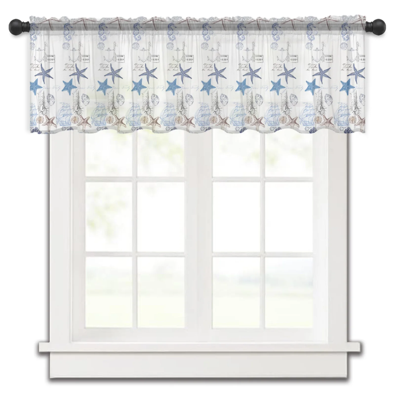 

Ocean Texture Seahorse Retro Kitchen Small Window Curtain Tulle Sheer Short Curtain Bedroom Living Room Home Decor Voile Drapes