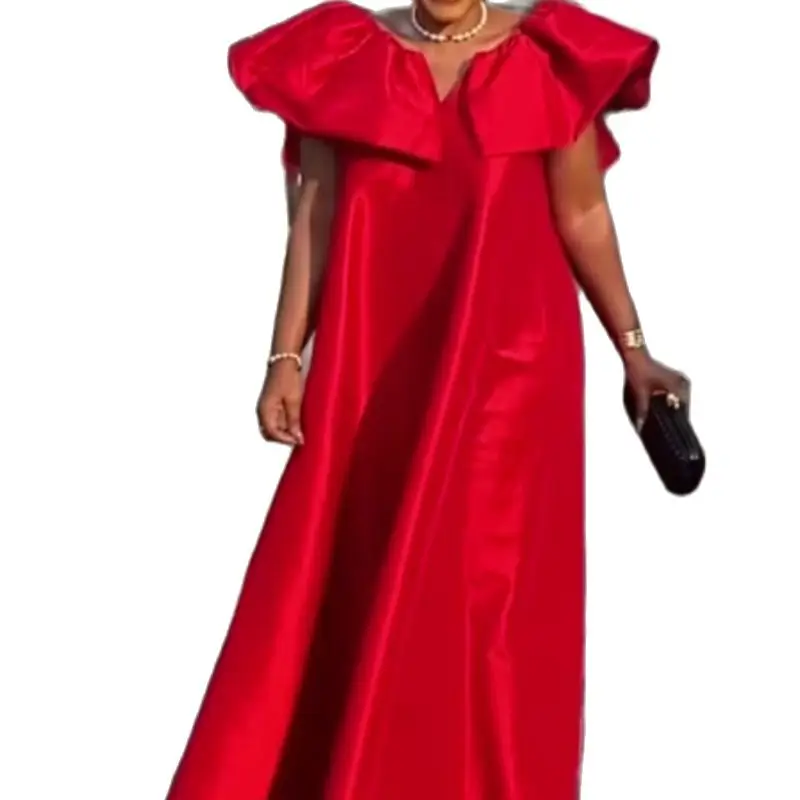 

Women Maxi Dress Oversized Loose Casual Sparkly Puff Cap Sleeve V Back Red Christmas Modest Party Club Event Long Gown 4XL