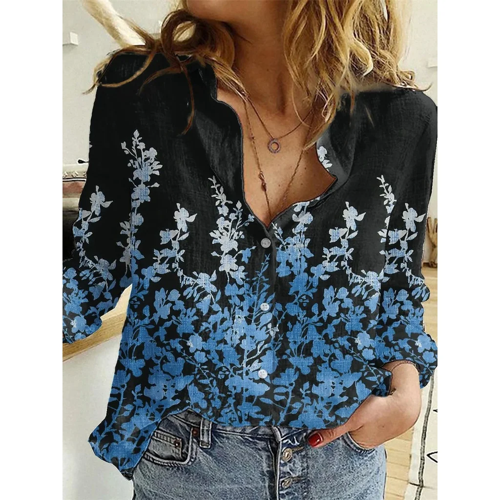

2022 Women's Floral Theme Blouse Shirt Floral Graphic Button Print Shirt Collar Casual Streetwear Tops Blue