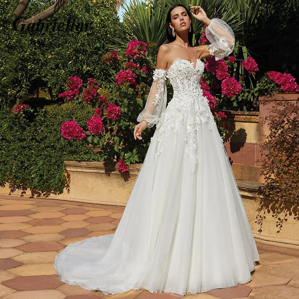 

Gabriellar Wedding Dress 2023 Sparkly Tulle Sweetheart 3D Flowers Backless Detachable Sleeve A-line For Women Abito Da Sposa