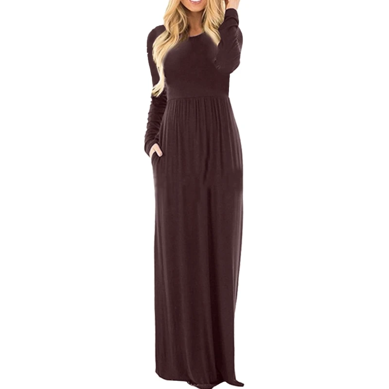 

Женское Однотонное Платье макси с длинным рукавом и круглым вырезом