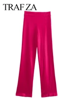 traf za fashion solid color slim comfortable womens wide leg pants rose red lightweight drooping ladies trousers summer 2022