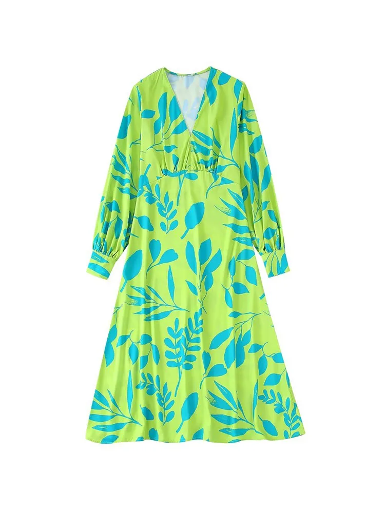 

Женское платье с длинным рукавом PB & ZA, винтажное платье средней длины с V-образным вырезом и принтом, Новинка лета 2022