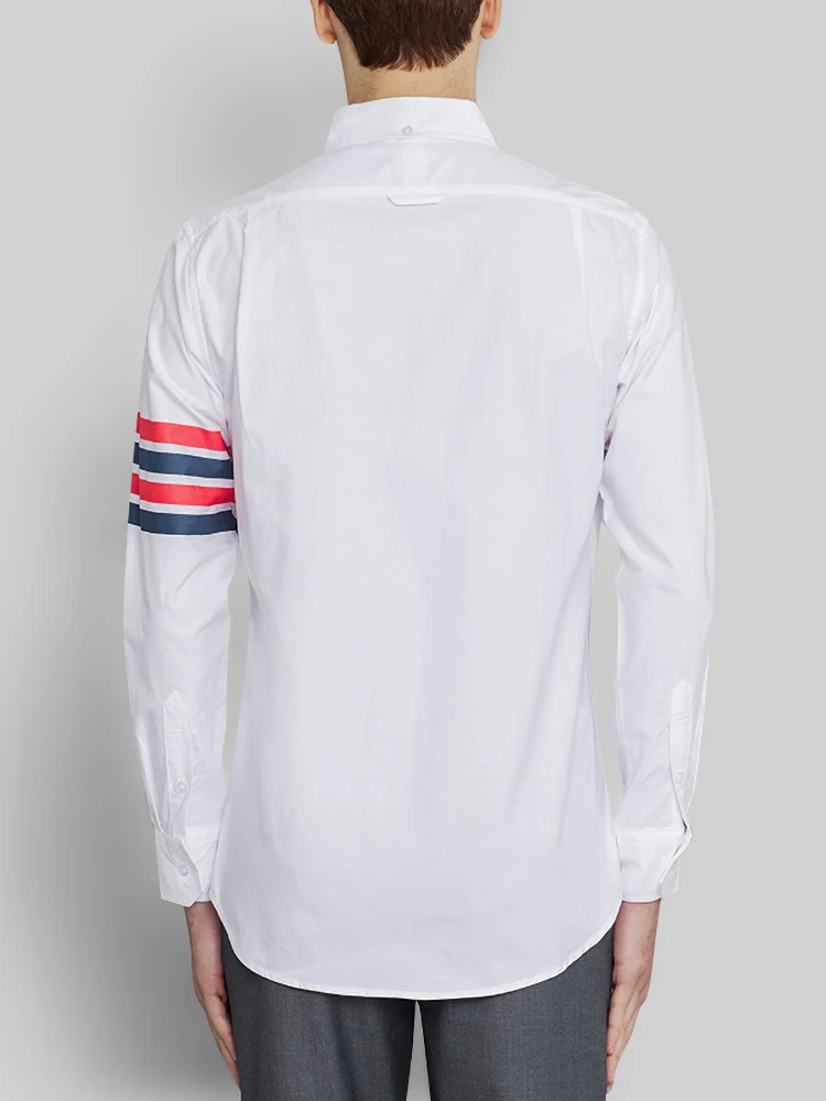 TB THOM Men's Shirt Fashion Top Brand 4-Bar Red Black Stripes Casual Oxford Fine Cotton Long Sleeve High Quality Women's Shirts