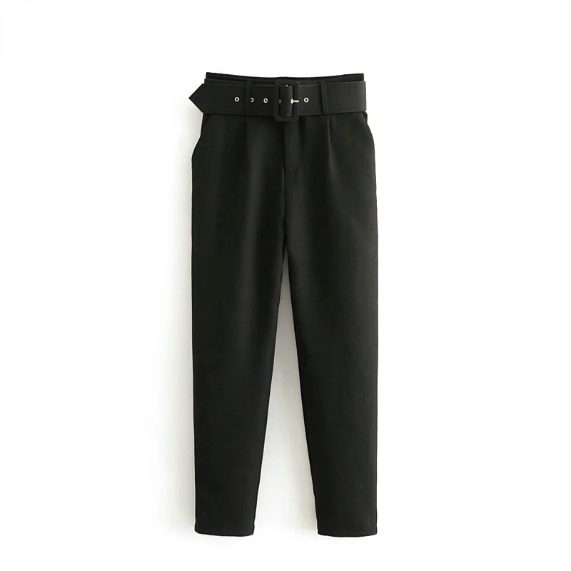 

black suit pants woman high waist pants sashes pockets office ladies pants fashion middle aged pink yellow pants