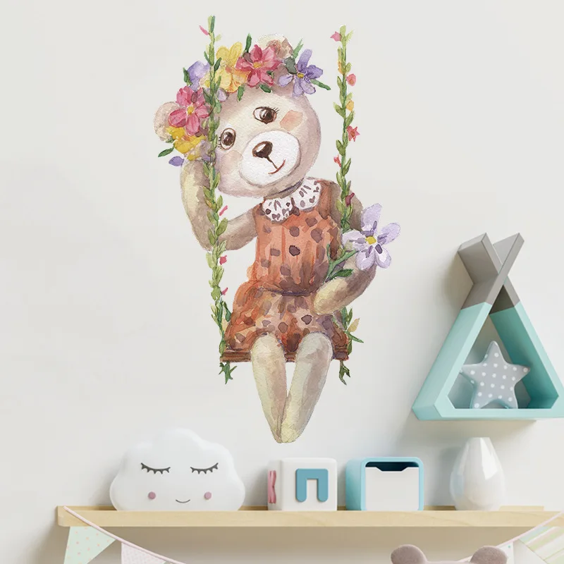 

Cartoon Bear On The Swing Wall Stickers For Kids Room Living Room Bedroom Home Decor Wallpaper Decoration Removable Mural Decals