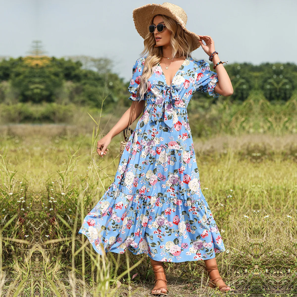 

Blue Flower Print Dresses Summer V-Neck Lace Up Ruffle Pleated Boho Dress Women's Bubble Short Sleeve Slim Beach Long Dress 2023