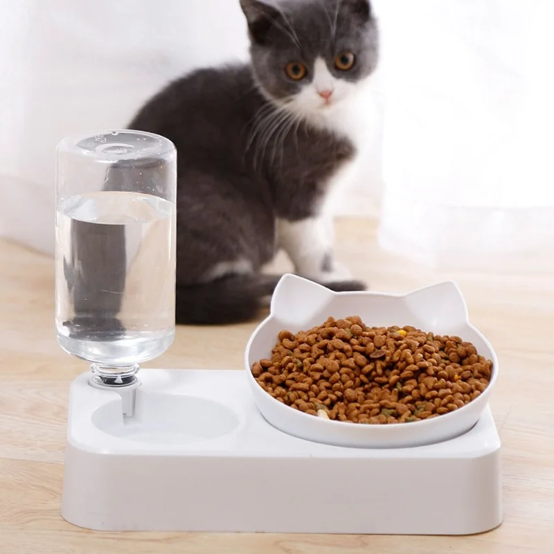 

Cat Food Bowl with Water Bottle Dispenser Drinking Stand Dish Bowls Save Space Tilted Pets Feeder Kitten Supplies Accessories