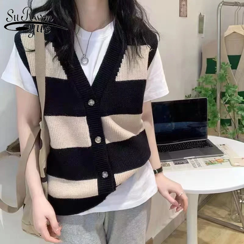 

Однобортный полосатый вязаный жилет кардиган 2022 осенний Модный женский свитер жилет свободного покроя Y2K винтажные женские кардиганы 23003