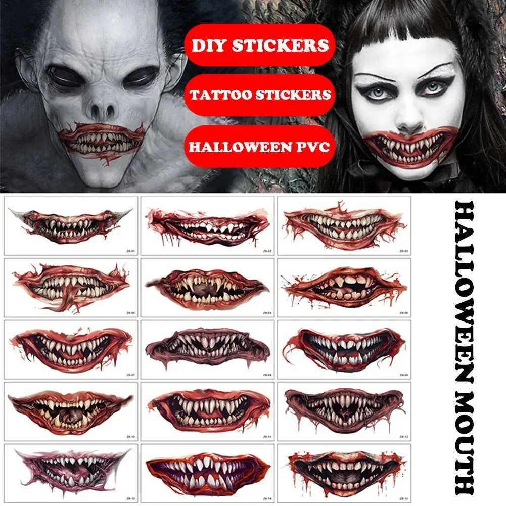 

1PC Halloween Mouth Large Tattoo Sticker Horror Wound Party Horror Lip Makeup Waterproof DIY Decorative Sticker Disposable