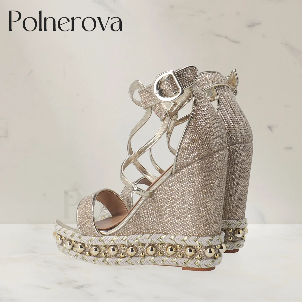 Metallic Bead Platform Sandals Cross Strap Wedge Sandals Round Toe Summer Shoes Fashion Sequin Designer Style Shoes Custom Color