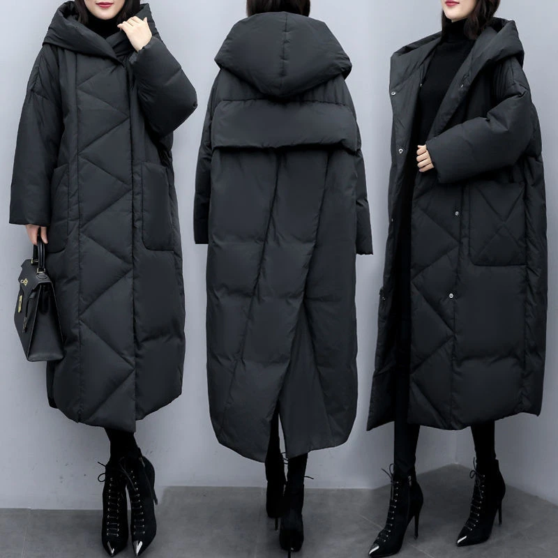 black Parkas X-long Large Coat Korean Style Loose Over Knee Women's Padded Jacket Women Thicken Parka Down Jackets Cotton Coats