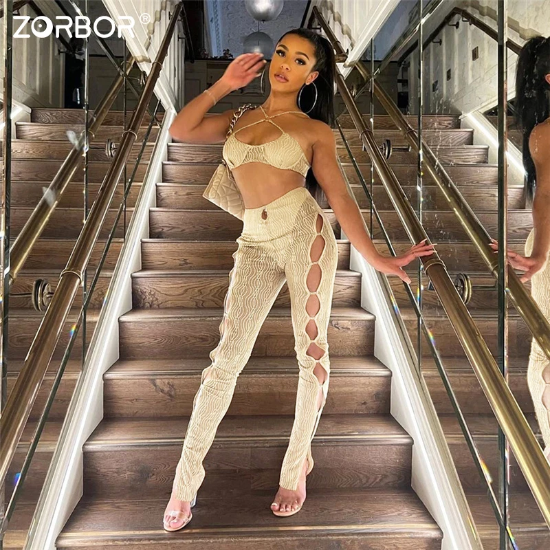 

ZORBOR Trousers Suit Women Summer Hollow Out High Waist Straight Pants Tube Top Sexy Mesh White Black