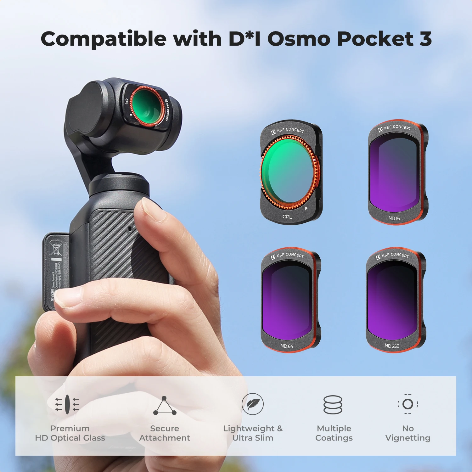 Фото Комплект фильтров K&F Concept для DJI Osmo Pocket 3, CPL+ND16/ND64/ND256, магнитное быстросъемное крепление, 18-слойное HD оптическое стекло, без виннетинга №3