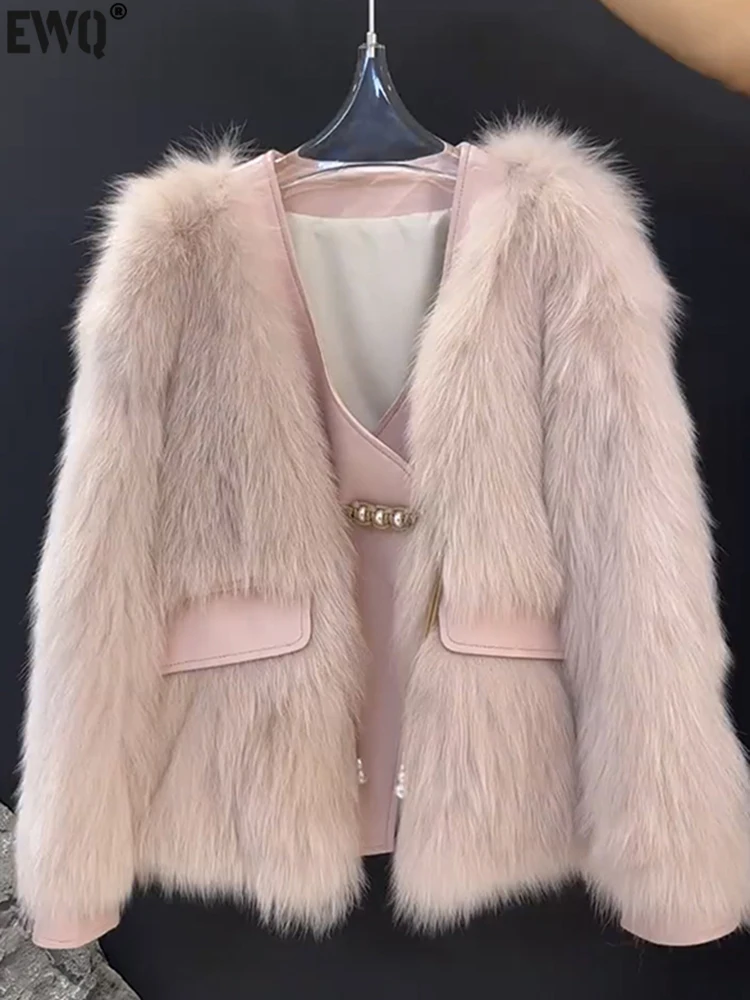 

[EWQ] Korean Faux Fox Fur Patchwork Jacket Sweet Women Long Sleeve Loose V-neck Pink Warm Coat 2023 Autumn Winter New 16U4478