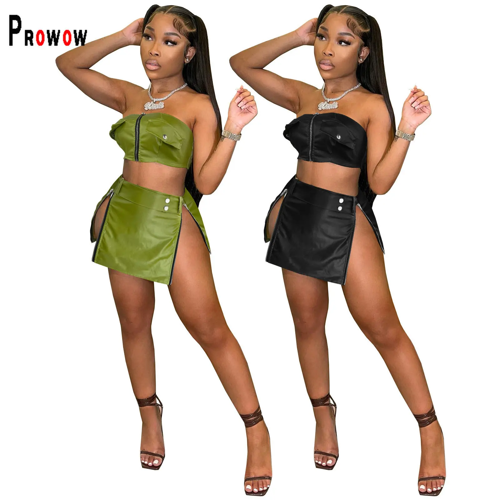 

Женские костюмы из 2 предметов Prowow, летние однотонные укороченные топы и юбка из искусственной кожи на молнии, Клубная одежда, Y2K