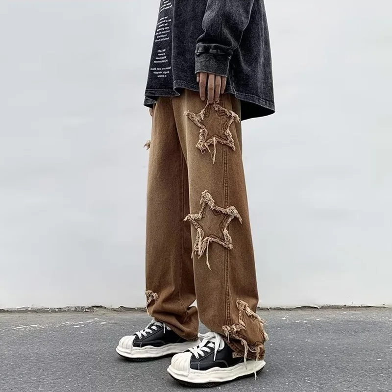 Fashion Stars Towel Embroidery Brown Baggy Men Jeans Pants Y2K Male Clothes Straight Bottoms Hip Hop Trousers Streetwear