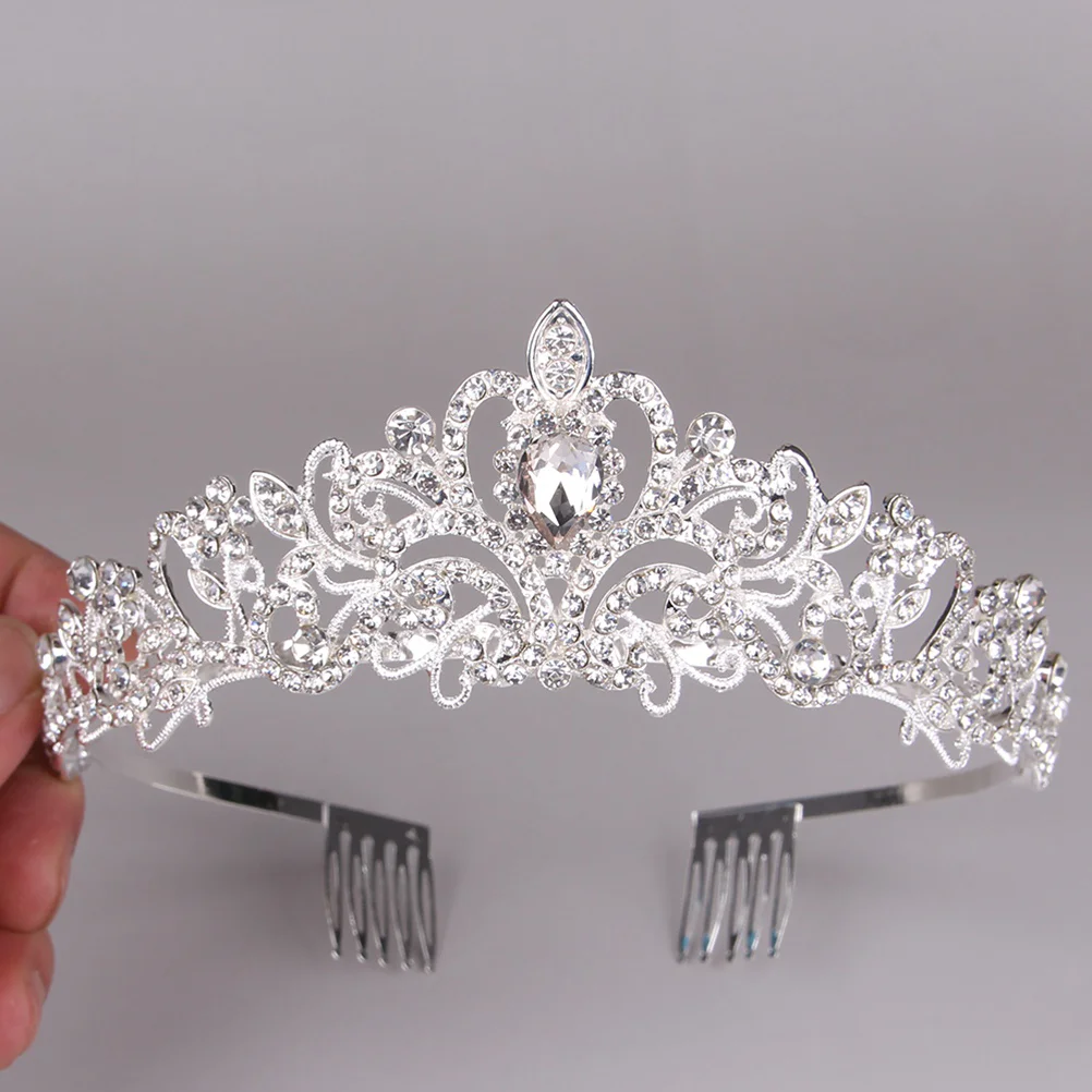 

Jewelry Crown Crystal Headdress Decor Crown Alloy Big Rhinestone Headwear for Wedding Photo Studio (White)