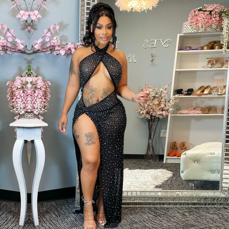 

Горячее сексуальное облегающее Платье макси с лямкой на шее с открытой спиной женские прозрачные длинные платья без рукавов с разрезом сбо...