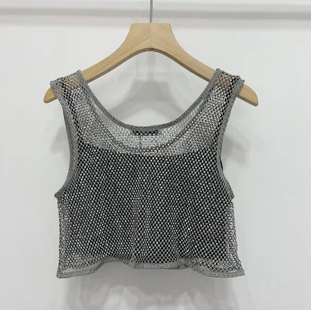 

Women's 2022 early spring black shiny hot diamond sexy nightclub sling-type social party hollow cotton loose stitching vest