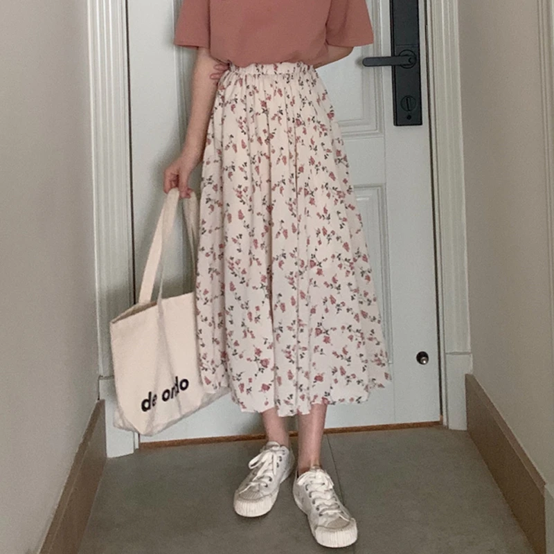 

Vintage Floral Print A-line Pleated Long Skirts Autumn Women 2022 Korean Skirt Streetwear Drawstring Elastic Waist Midi Skirt