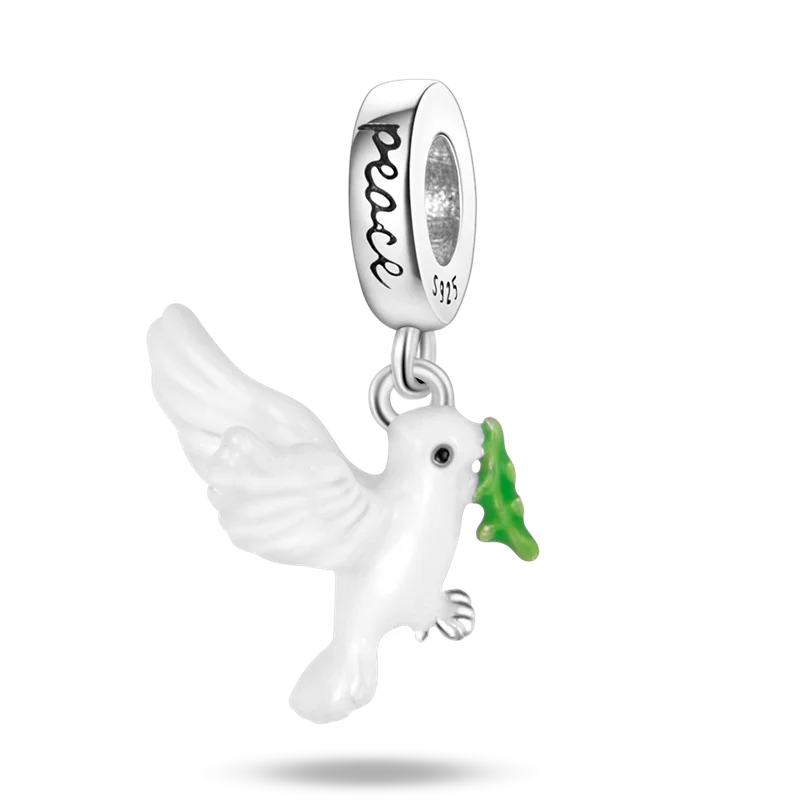 

New 925 Silver Peace Pigeon Charm White Beads Pendant Fit Pandora 925 Original Bracelets Fashion DIY Woman Jewelry