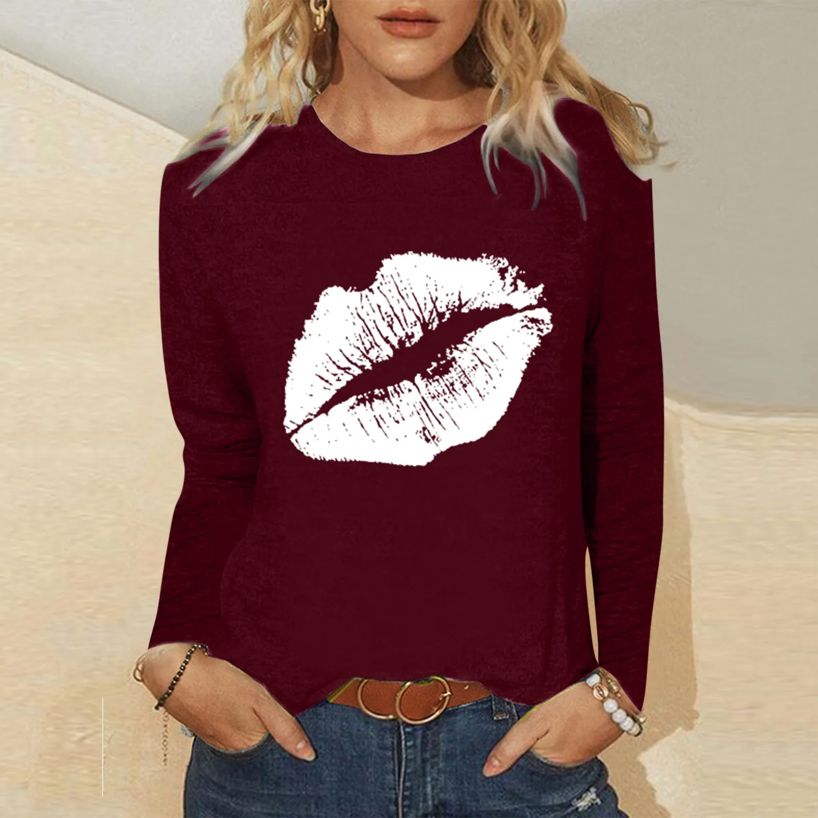 Футболка женская с длинным рукавом Приталенный топ принтом скелета губ и круглым