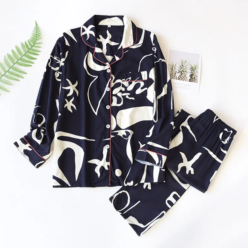 Spring and summer new ladies 100%viscose pajamas long-sleeved trousers two-piece thin print home wear ladies loose plus size set