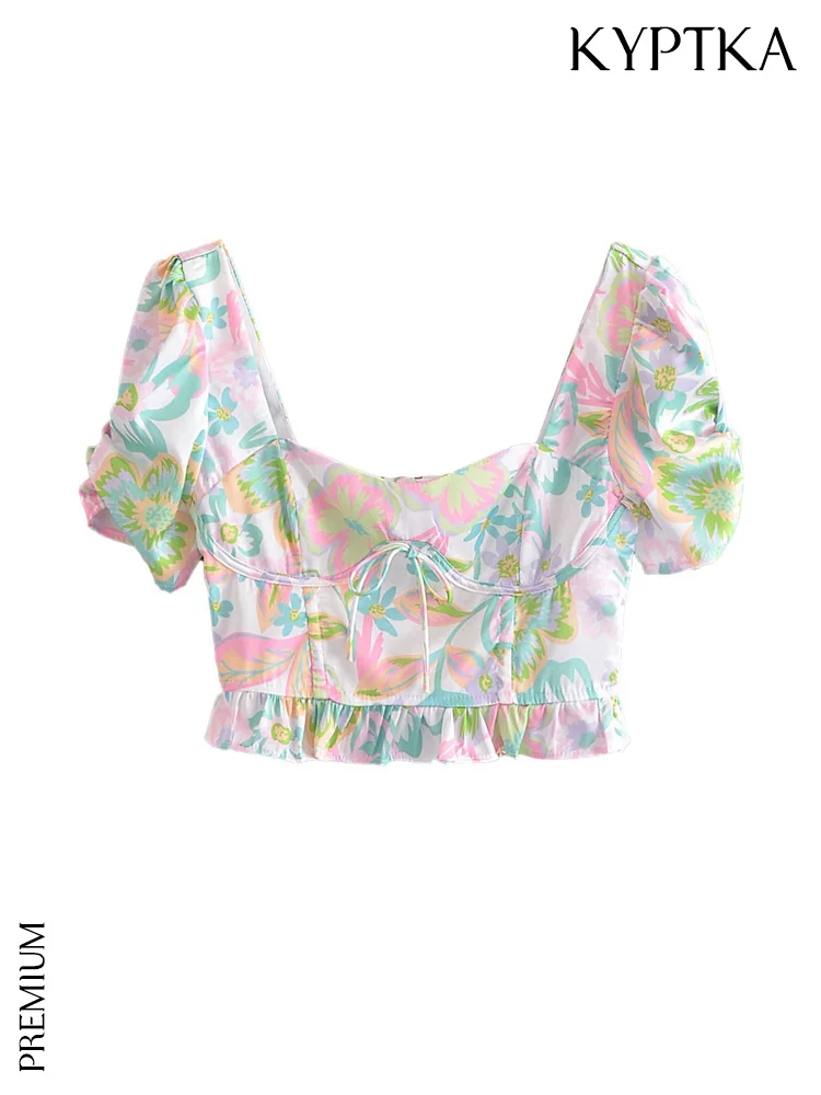 

KYPTKA Women Fashion With Ties Printed Ruffled Crop Blouses Vintage Short Sleeve Back Zipper Female Shirts Blusas Chic Tops