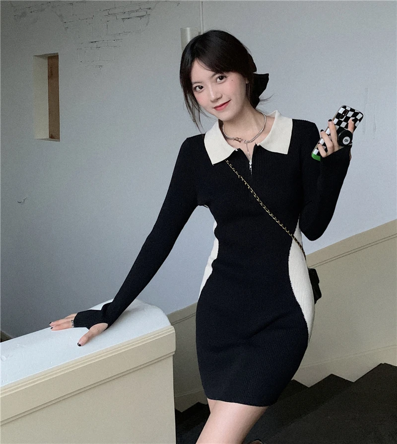 Женское трикотажное платье с V-образным вырезом и длинным рукавом |