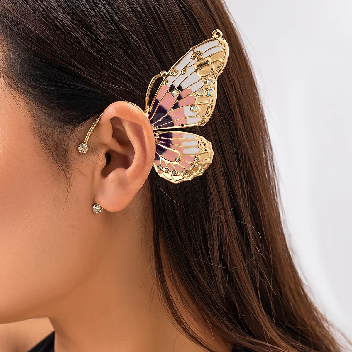 1PC Butterfly Elf Earless Ear Clip Vintage Beautiful Rhinestone Wings Fashion Earbone Clip For Women's Birthday Gift