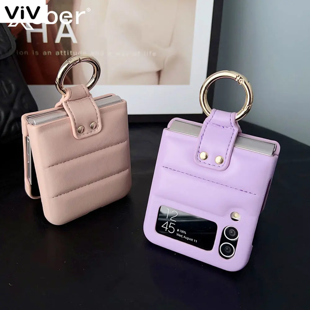 

For Samsung Galaxy Z Flip 3 4 5G Flip3 Case Luxury Leather Down Jacket Air Cushion Shockproof Hard Cover With Finger Ring Buckle