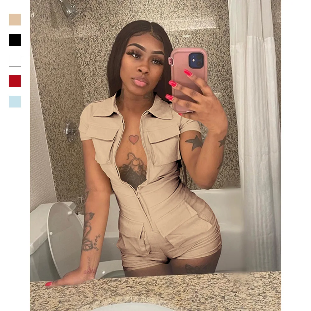 

Summer New Zipper Pocket Solid Color Cargo Jumpsuit Women Playsuit Romper