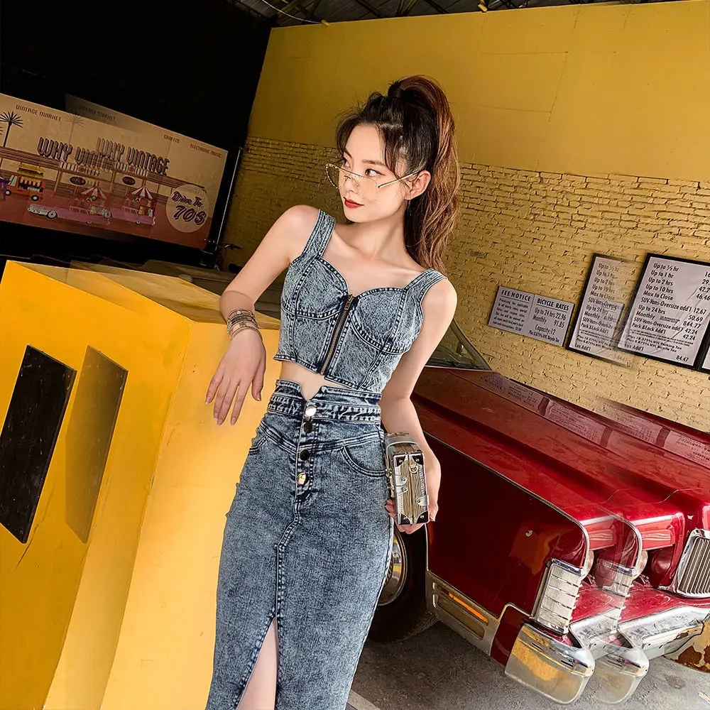 

Jeans Vest Strap Tops+Skirts Sets Straps Buttons Denim Split Button Pencik Knee-Length Suits for Woman Sexy Outfits Two Piece