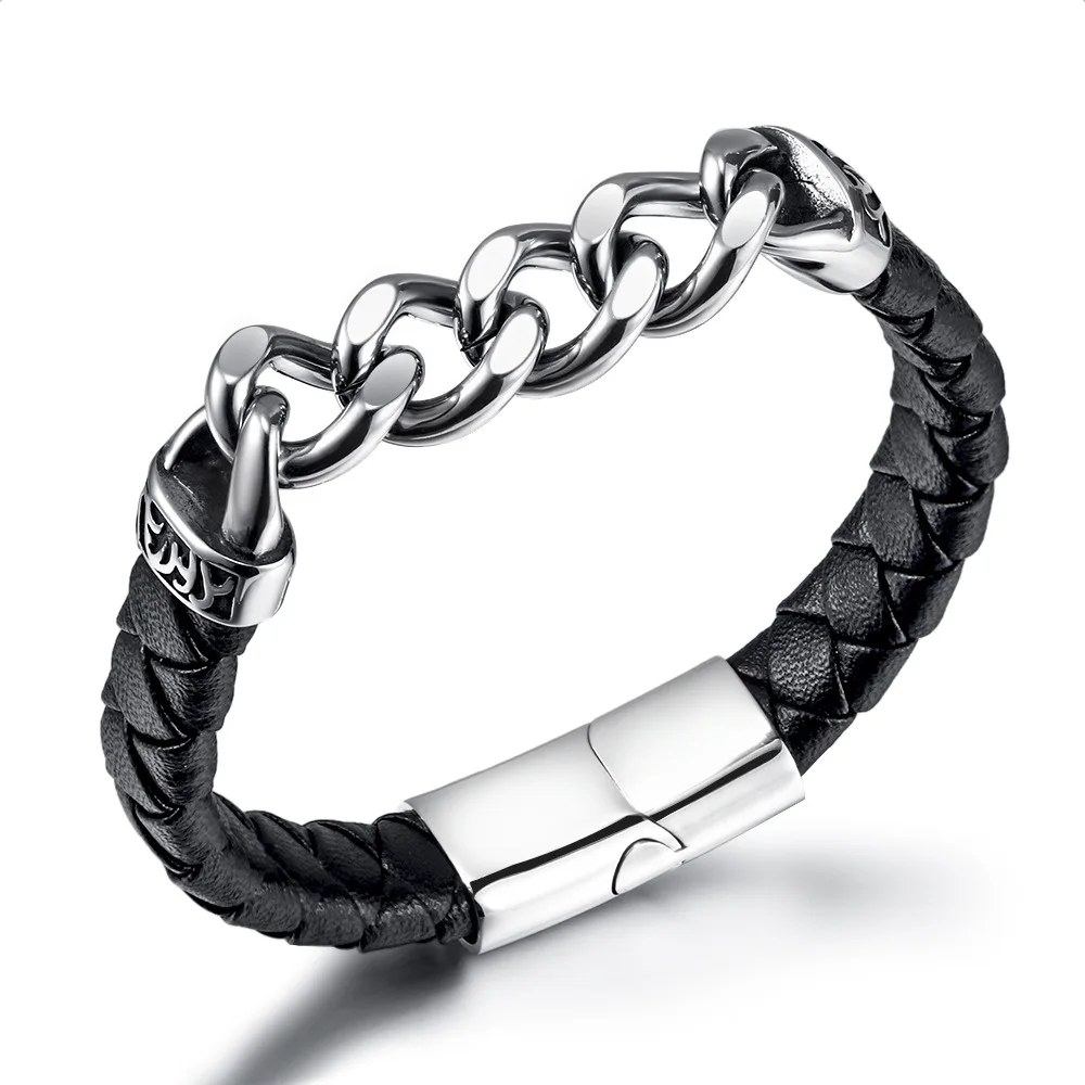 

Simple Design Stainless Steel Chain Leather Splicing Bracelet for Men Punk Style Hand Woven Jewelry Wholesale