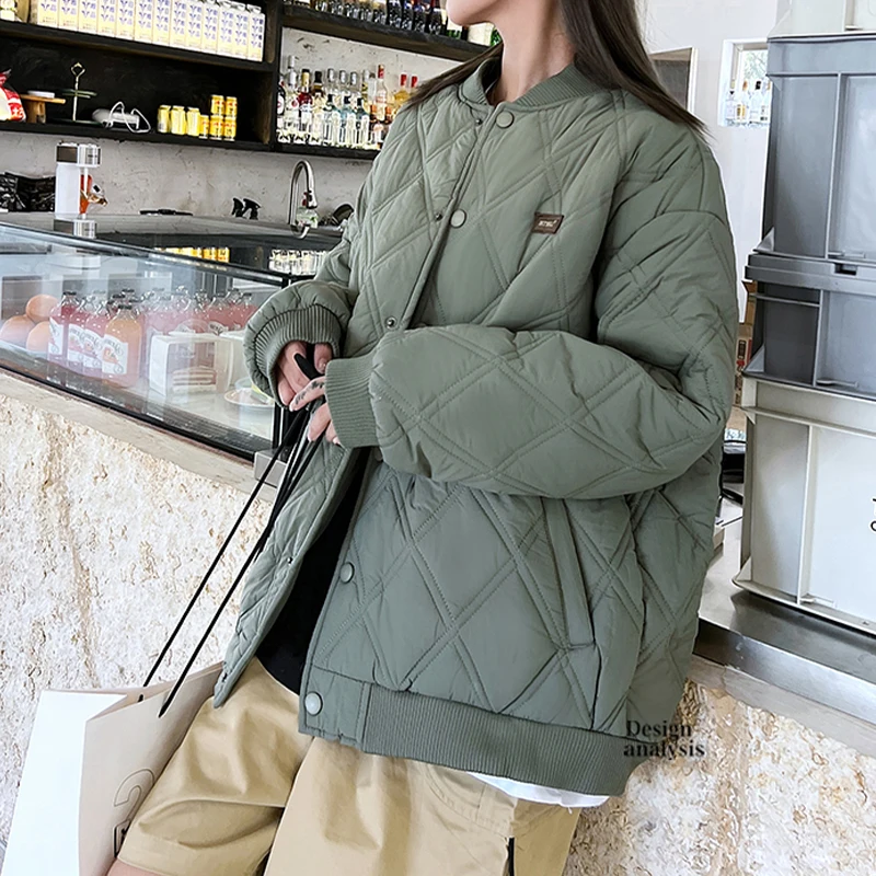 Winter Women's Solid Long Sleeve Baseball Jersey Loose Fashion Plus Cotton Ladies Thermal Padded Jacket All-match Lingge Parka