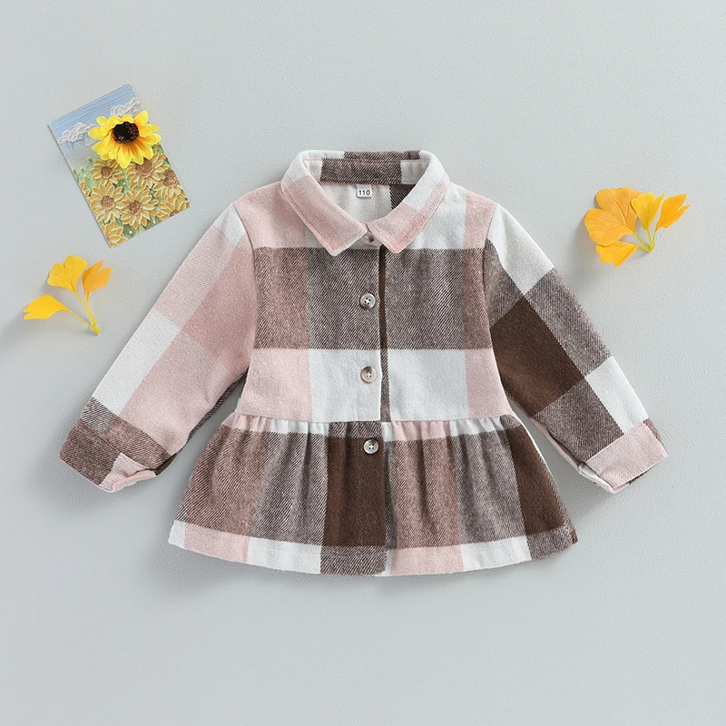 

BeQeuewll Girl Long Sleeve Shirt Coat, Plaid Print Lapel Button Closure Fall Spring A-line Tops Comfortable and breathable