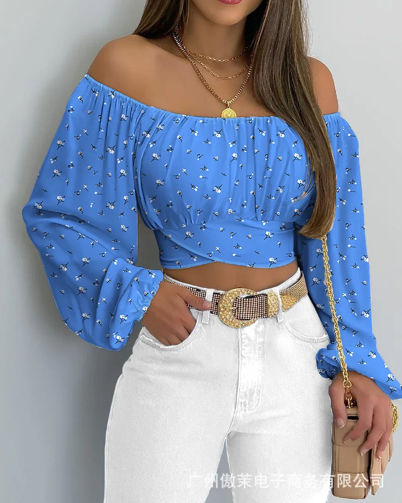 Women's Shirts Spring 2022 New Off Shoulder Print Puff Sleeve Short Top