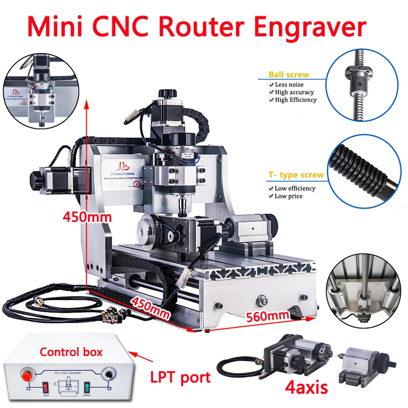 

LY Mini CNC Router Engraver 3020 LPT Port 3axis/4axis Upgrade 500W Milling Machine Suitble for Industry, Technology Research