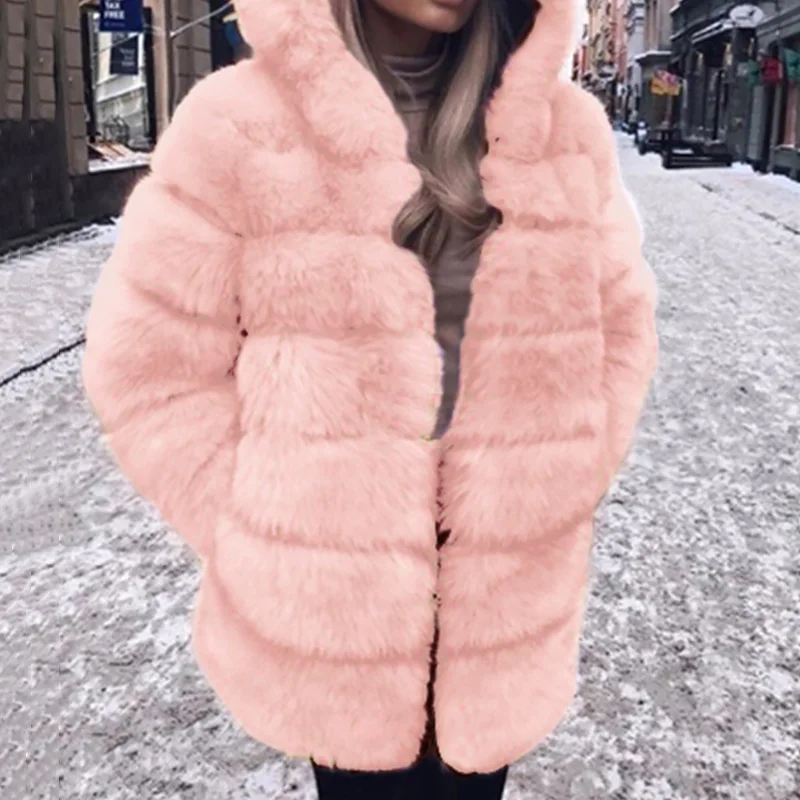Winter 2023 Fashion New Women's Plush Faux Fur Coat Casual Oversized Ladies Thick and Warm Fashionable Hooded Coat with Pockets