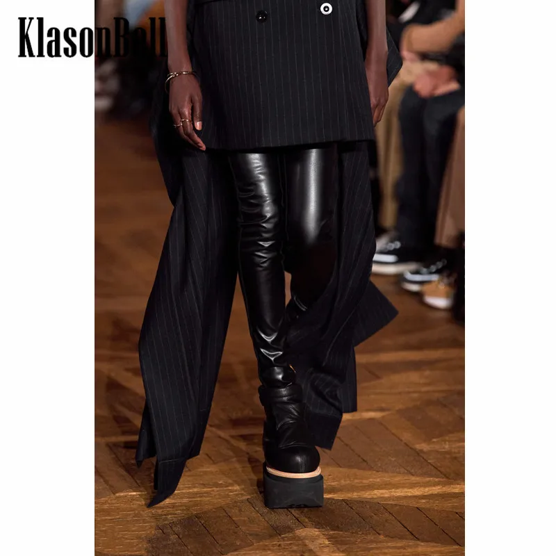 

10.22 KlasonBell 2022 Autumn Winter New Letter Cotton Spliced Up-Leather Slim Legging Black Pants Women