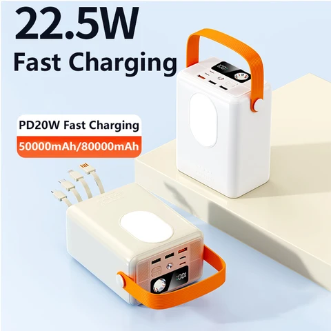 Power Bank 50000/80000 мАч Портативный USB C PD 22,5 Вт Powerbank с быстрой зарядкой для iPhone Samsung Huawei Xiaomi Внешний аккумулятор