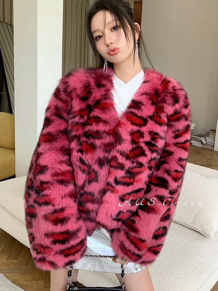 

Pink Leopard Fox Coat Women Short Fashion High Quality Streetwear Winter Real Fur Jacket winterjas dames