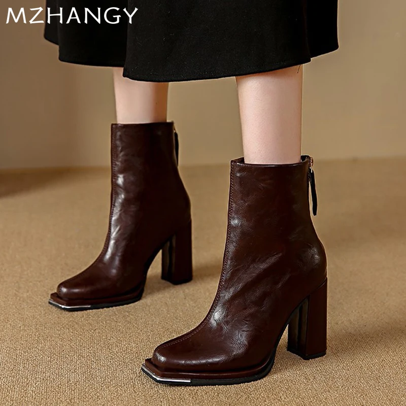 Женские ботильоны с квадратным носком кожаная обувь на высоком каблуке женская