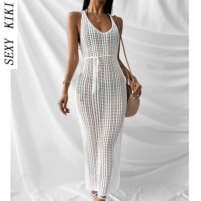 

Женский свитер, новинка 2022, Пляжная Повседневная однотонная вязаная подвязка, вязаный чехол, верхняя одежда, женское платье