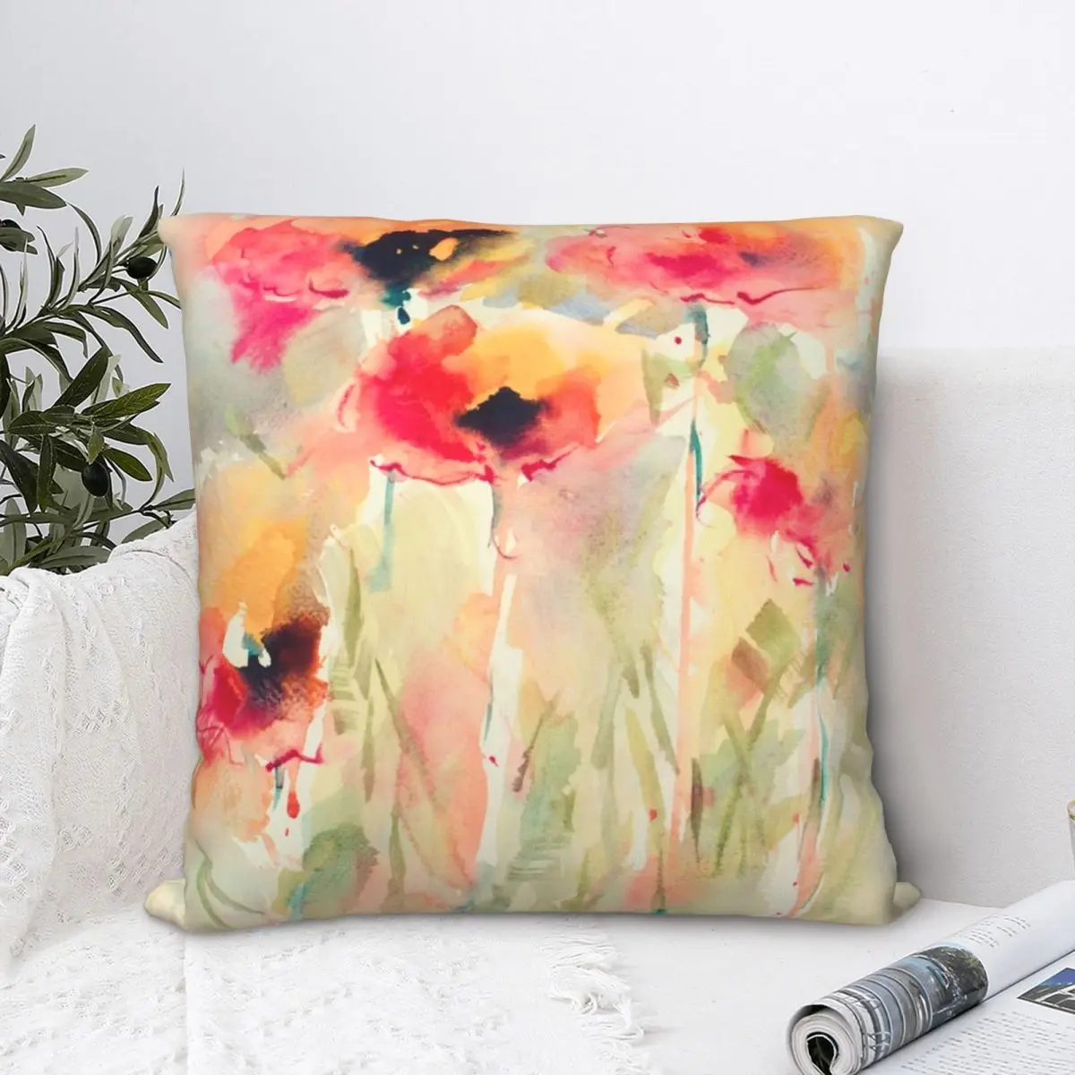 

Poppies In Watercolor Square Pillowcase Cushion Cover funny Home Decorative Polyester Pillow Case for Sofa Seater Nordic 45*45cm