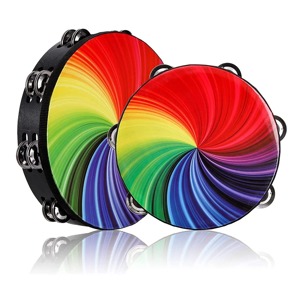 

2 Pack 8 and 10 Inch Wood Radiant Tambourine with Double Row Jingles, Hand Held Drum Reflective Tambourine Musical