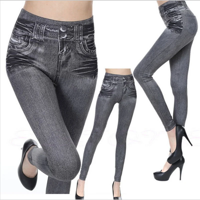 

Slim Women Leggings Plush Lined Winter Faux Denim Jeans Leggings 2 Real Pockets Fashion Fitness Leggings High Waist Pencil Pants