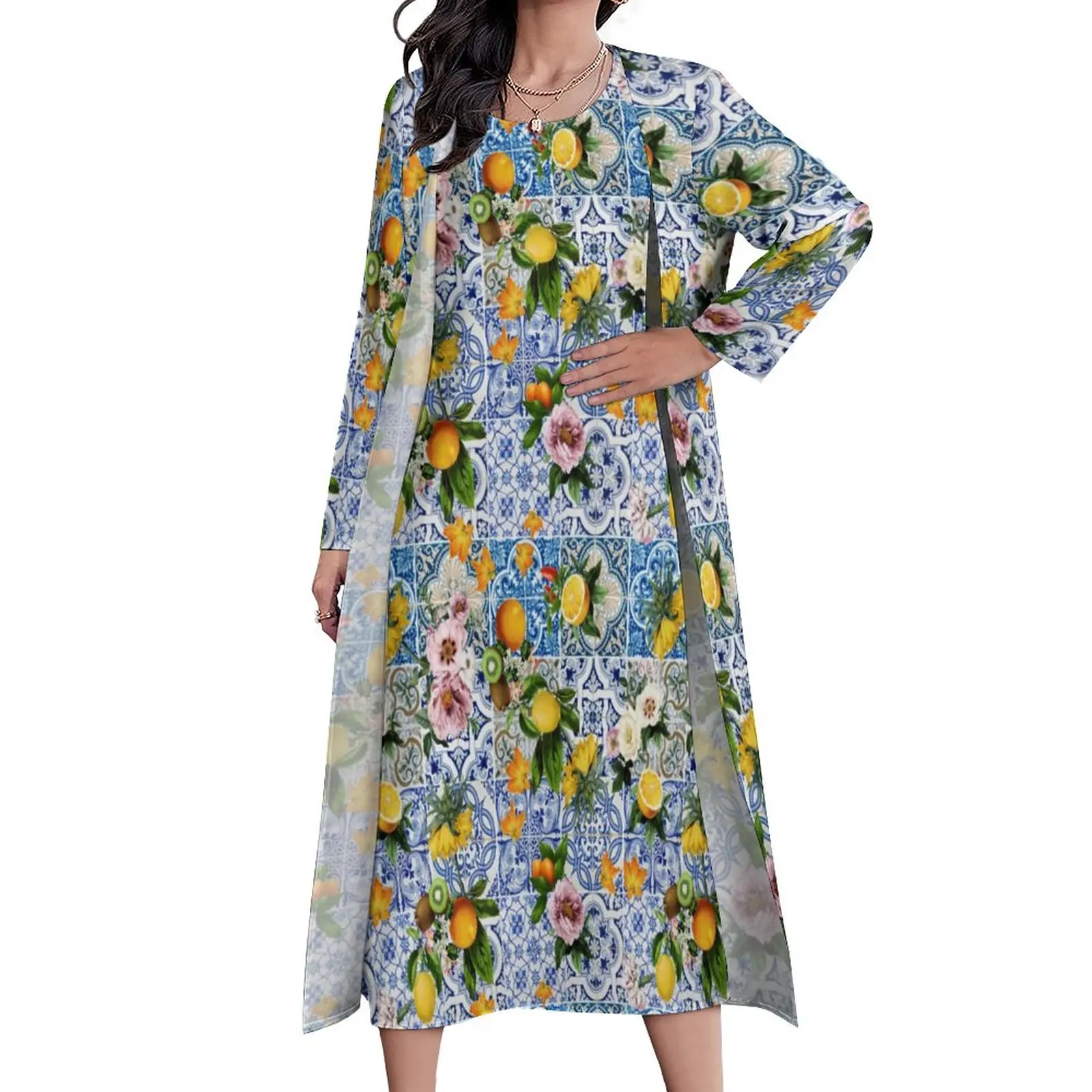 

Платье женское длинное из двух частей, повседневная винтажная одежда с лимоном, плитка с цветами, идея для подарка