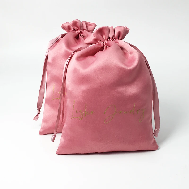 Rose Gold Silk Satin Bag Custom Logo Packaging Bag Virgin Hair Extenssion/Makeup/Eyelash/Perfume Drawstring Gift Pouch Dustproof